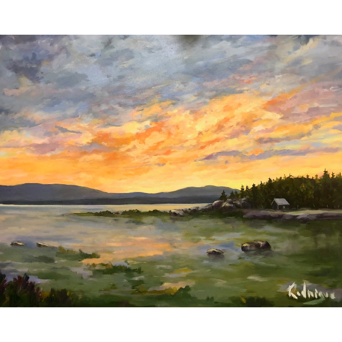 Huile sur toile de l'artiste peintre Rodrigue Laplante. Paysage rurale représentant Cap-aux-Oies au Québec.