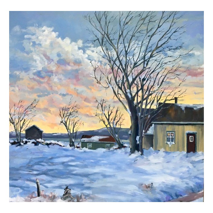 Huile sur toile de l'artiste peintre Rodrigue Laplante.  Paysage rural de la région de Kamouraska au Québec en hiver, Canada